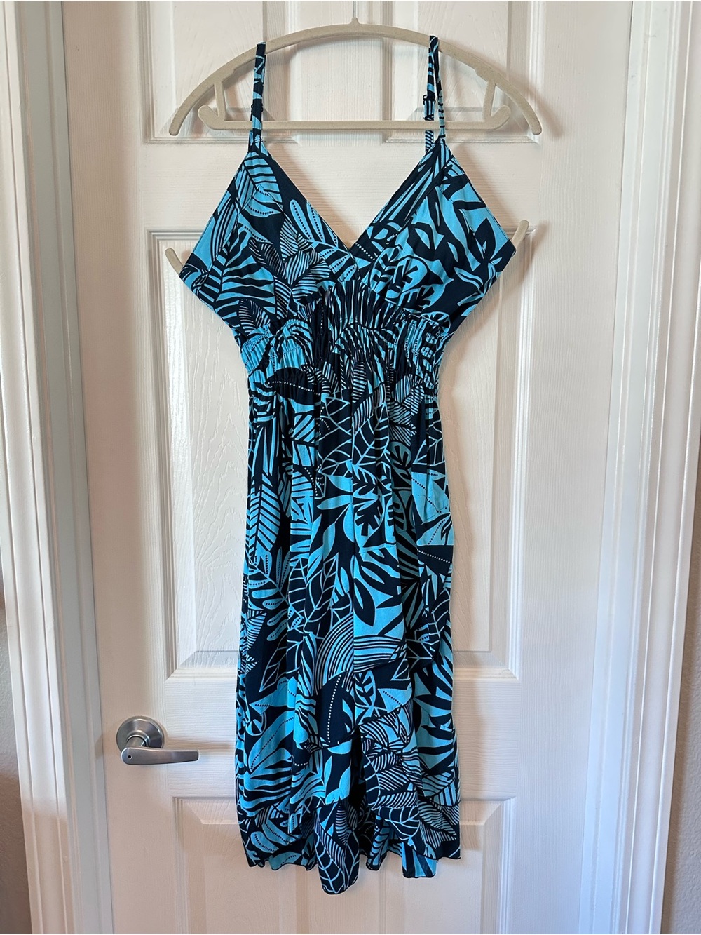 Blue Tropical Print Sundress - Adjustable Spaghetti Strap Wrap Style Ruched